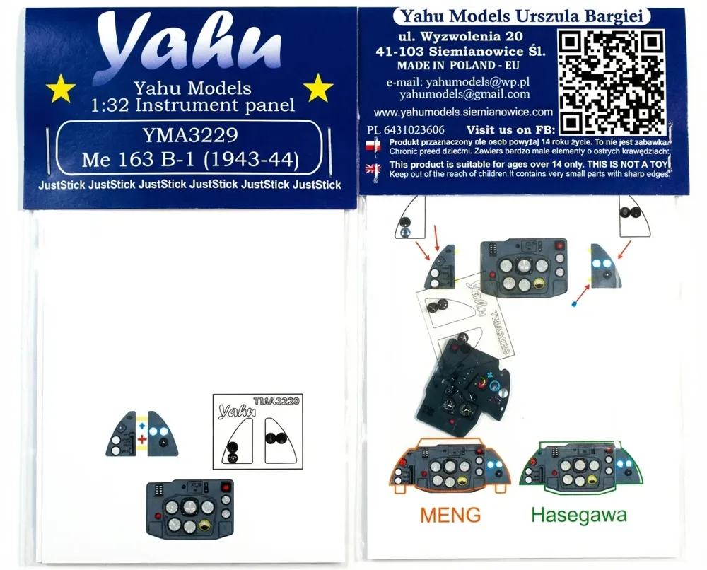 Barevný leptaný přístrojový panel Yahu Models YMA3229 Me 163 B-1 v měřítku 1/32