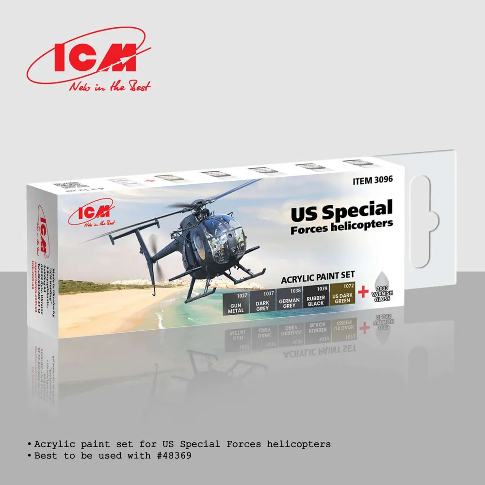 Sada akrylových barev ICM 3096 pro vrtulníky US Special Forces se šesti lahvičkami