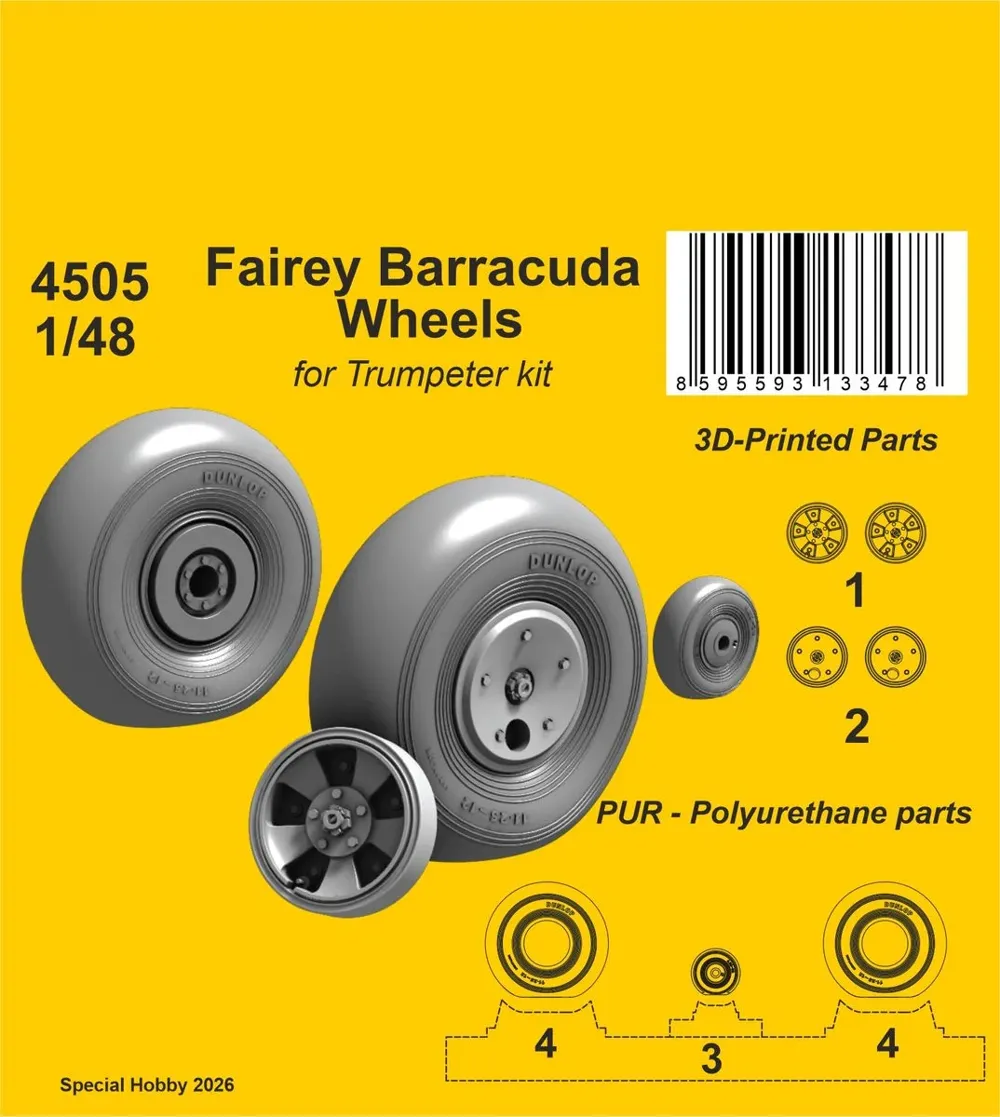 Resinová kola CMK 4505 pro Fairey Barracuda 1/48 – hlavní kola a ostruhové kolo