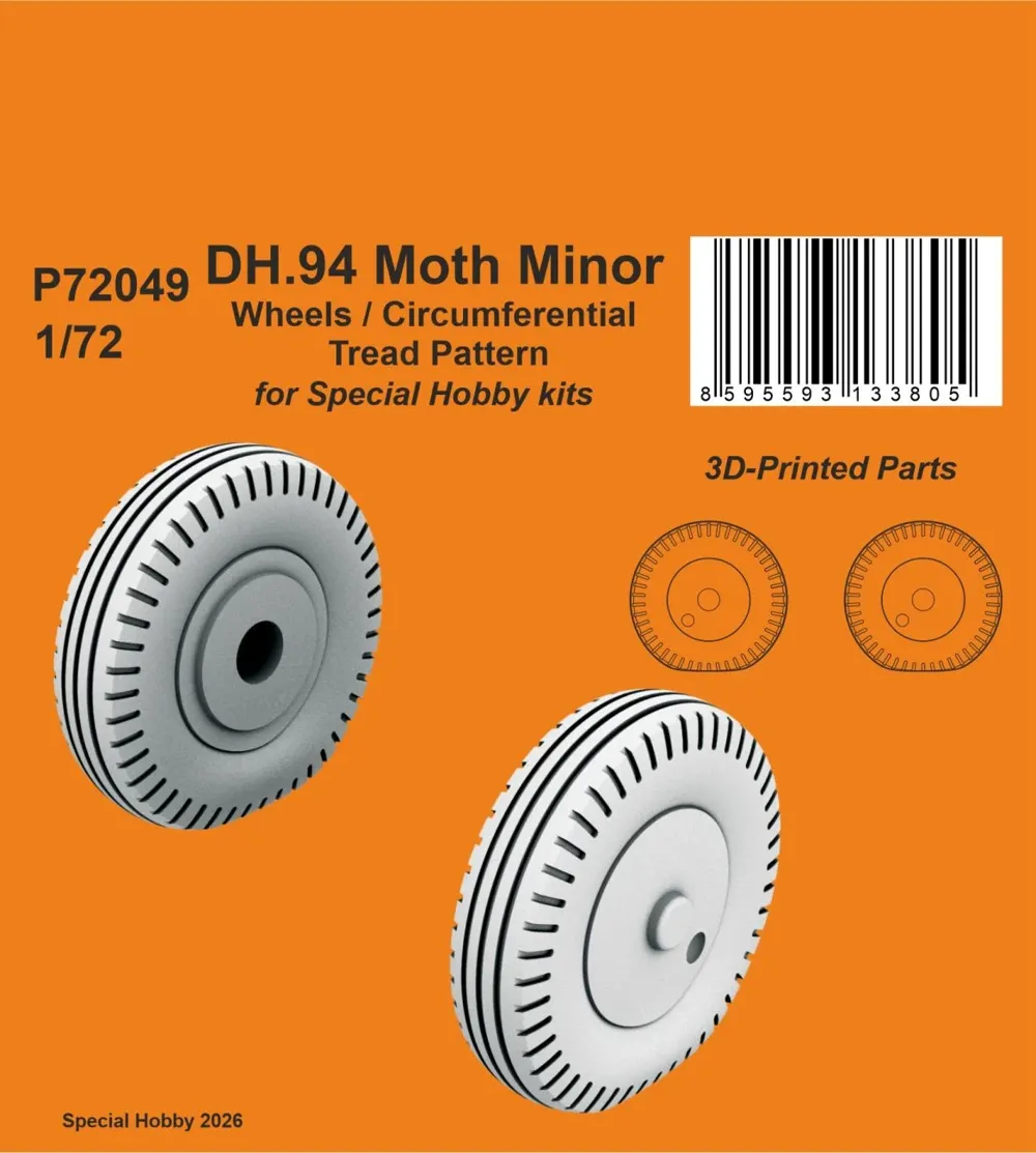 Sada 3D tištěných kol CMK P72049 s obvodovým dezénem pro DH.94 Moth Minor v měřítku 1/72