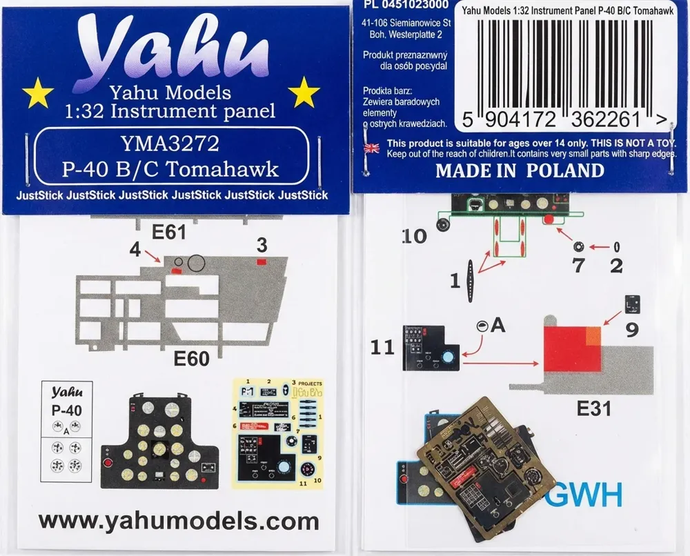 Samolepicí přístrojová deska Yahu Models YMA3272 pro P-40 B/C Tomahawk v měřítku 1/32