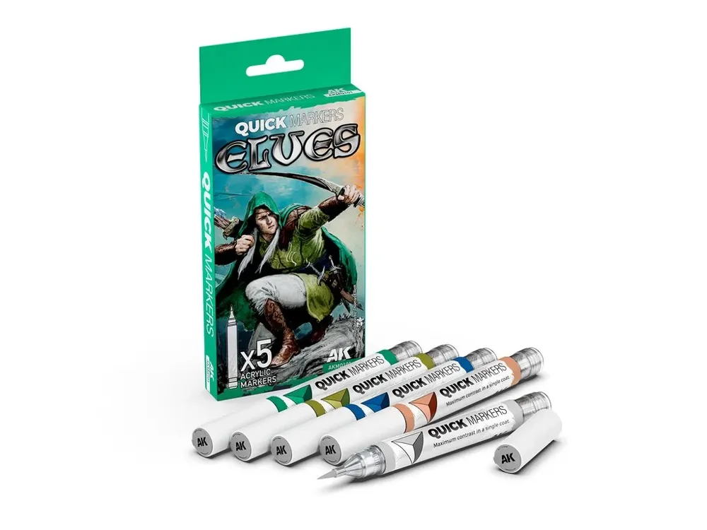 Sada pěti fixů AK Interactive Quick Marker Set Elves s kontrastními barvami na figurky