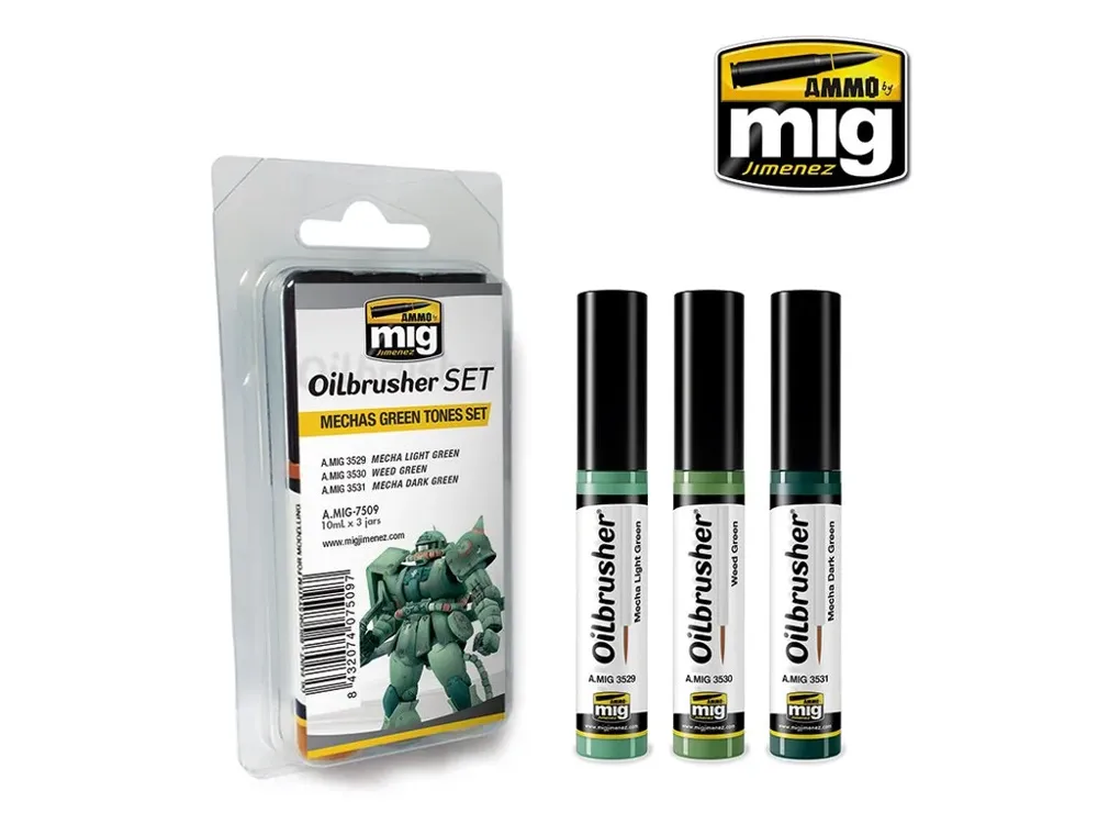 Sada olejových barev AMMO Mig A.MIG-7509 Oilbrusher Set zelené odstíny Mechas Green Tones