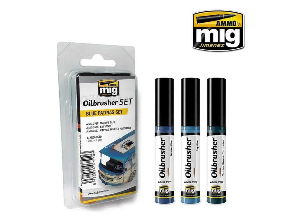 Sada olejových barev AMMO Mig A.MIG-7510 Oilbrusher Set modré patiny (Blue Patinas)