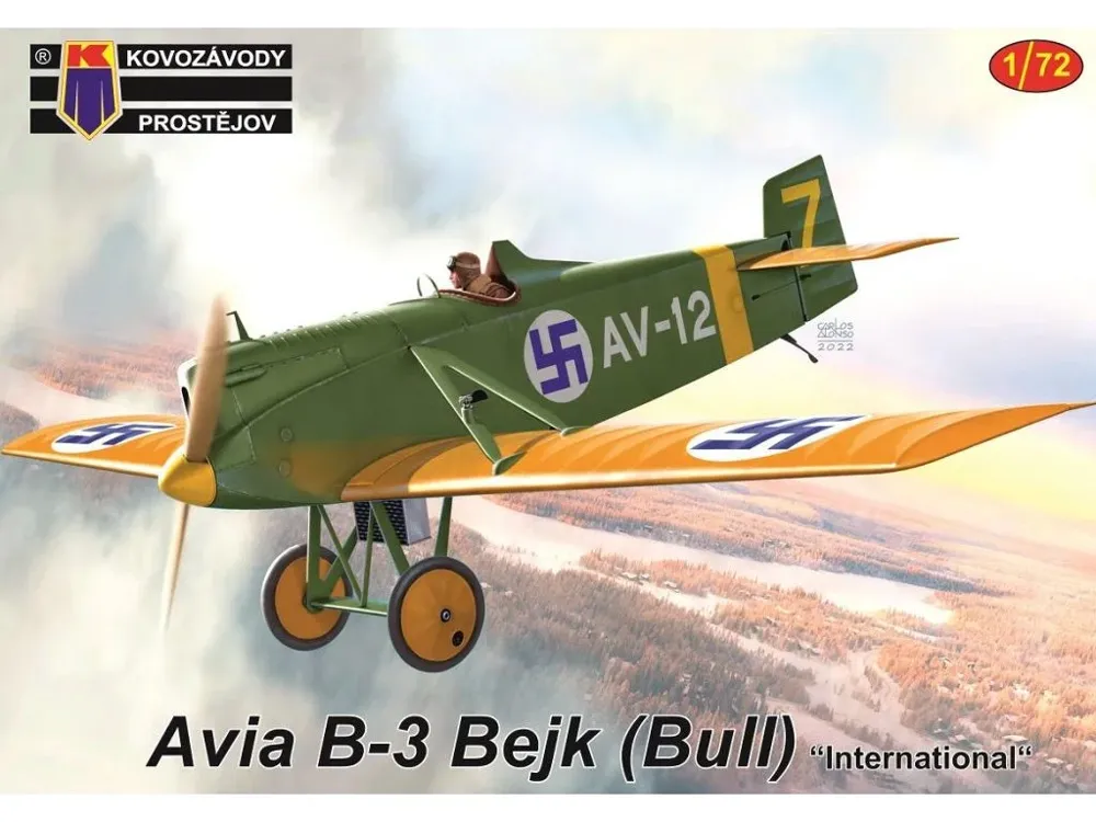 Krabice plastikové stavebnice Kovozávody Prostějov KPM0343 Avia B-3 Bejk „International" v měřítku 1/72