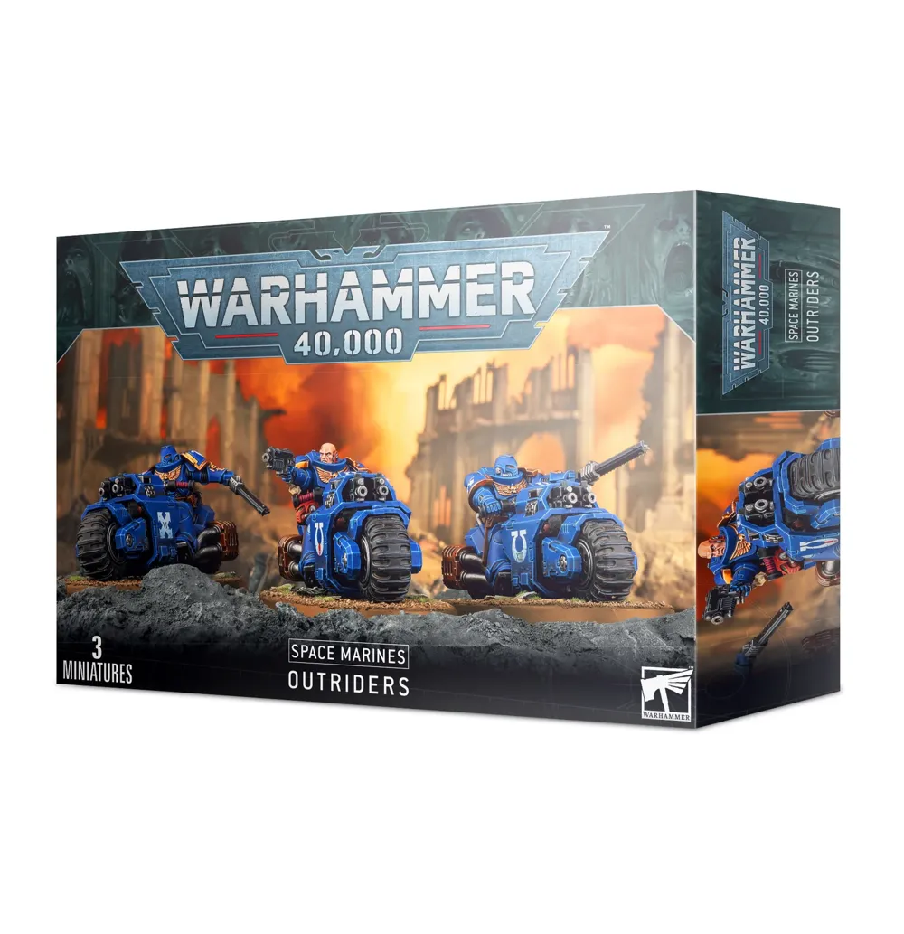 Balení Games Workshop Warhammer 40,000 Space Marines Outriders se třemi plastovými miniaturami 1:56