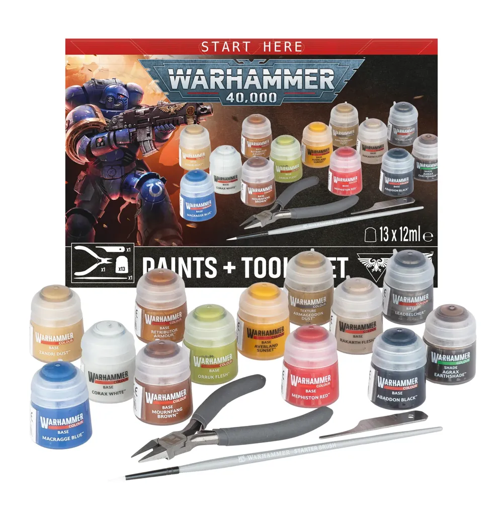 Games Workshop Warhammer 40,000 Paints + Tools Set – 13 kelímků barev, nůžky, škrabka a štětec