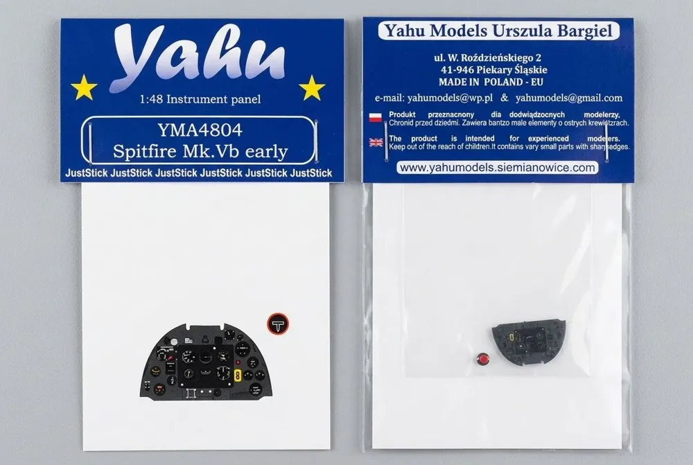 Fotoleptaná barevně potištěná přístrojová deska Yahu Models YMA4804 pro Spitfire Mk.Vb v měřítku 1/48