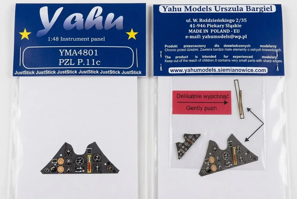 Barevná leptaná přístrojová deska Yahu Models YMA4801 pro PZL P.11c v měřítku 1/48