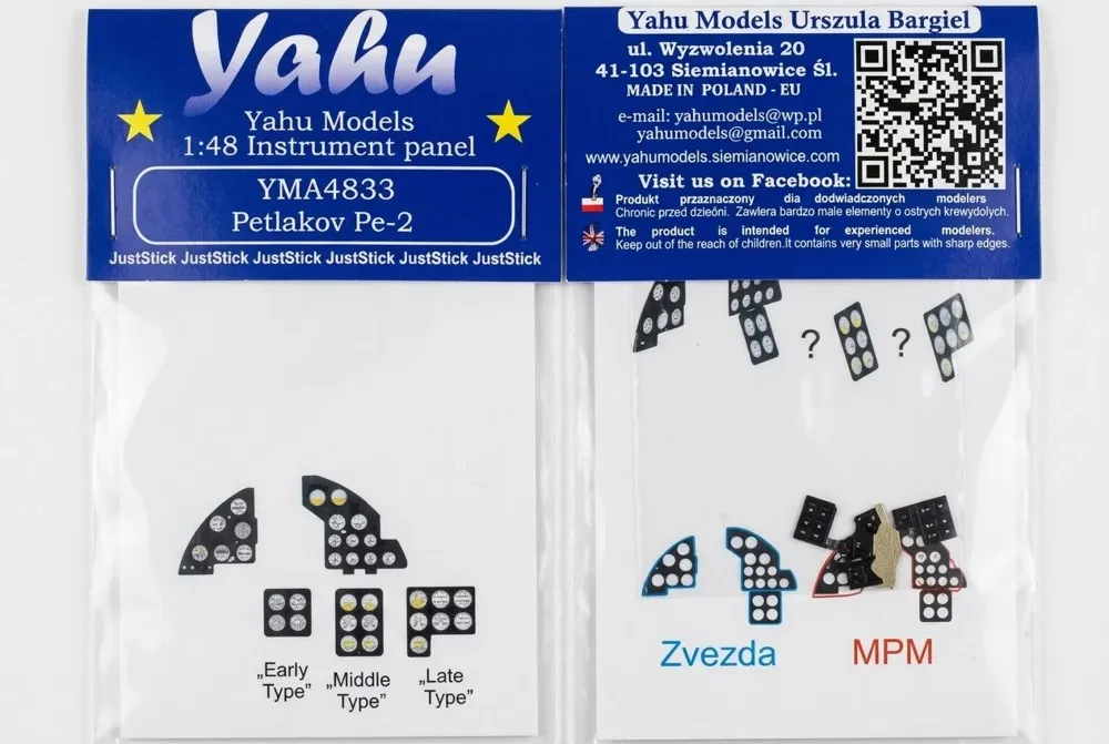 Barevné leptané přístrojové panely Yahu Models YMA4833 pro Petljakov Pe-2 v měřítku 1/48