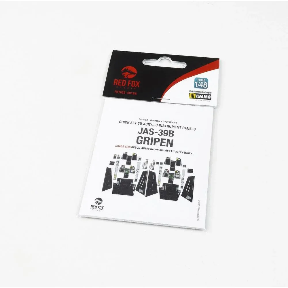 Set 3D přístrojových panelů Red Fox Studio RFSQS-48188 pro JAS-39B Gripen v měřítku 1/48