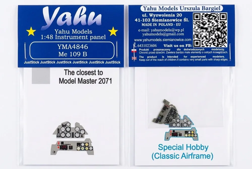 Barevně potištěný leptaný přístrojový panel Yahu Models YMA4846 Me-109 B v měřítku 1/48
