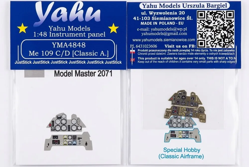 Barevně potištěný leptaný přístrojový panel Yahu Models YMA4848 pro Me-109 C/D v měřítku 1/48