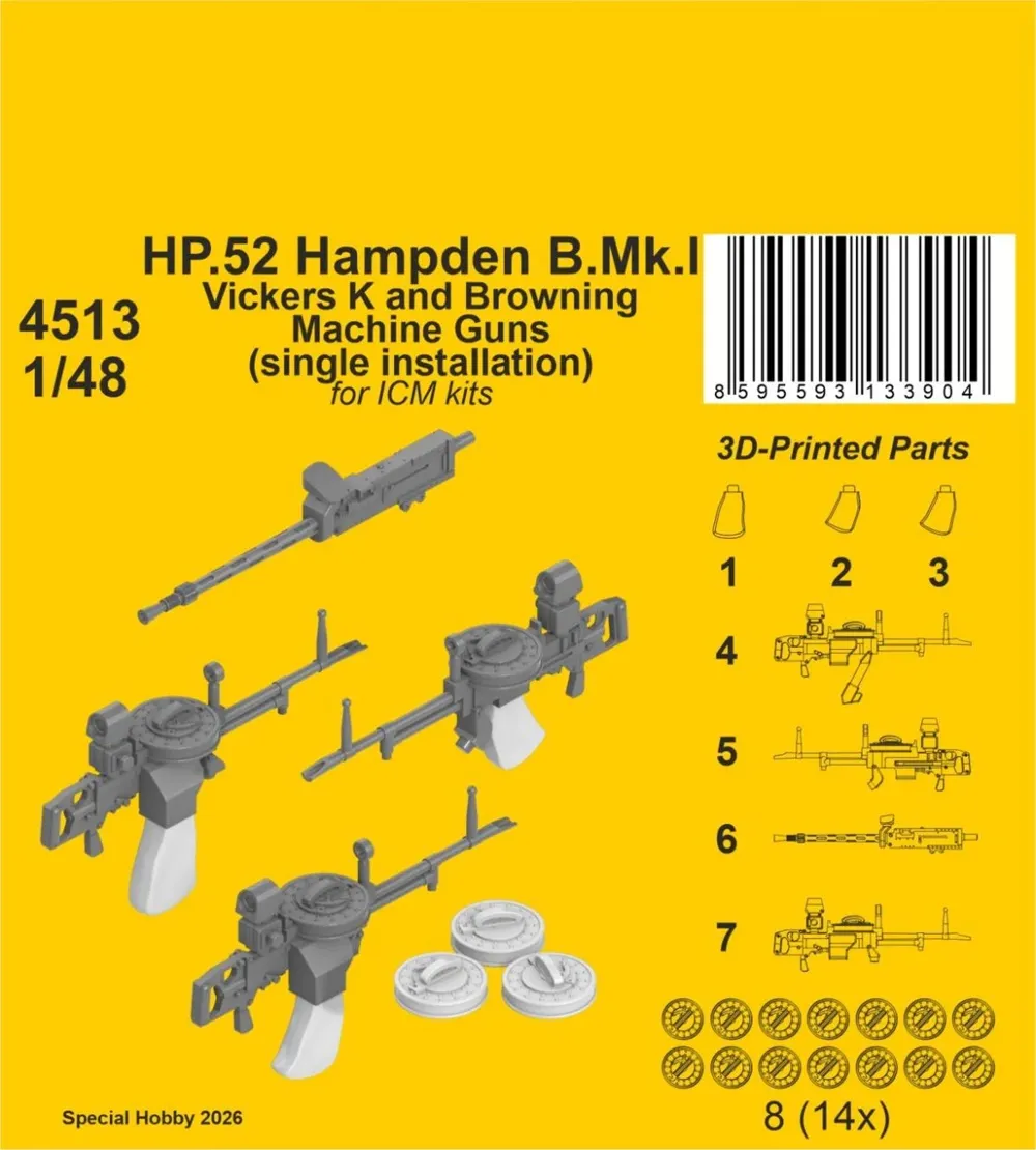 Resinové díly CMK 4513 1/48 – kulomety Vickers K a Browning pro Hampden B.Mk.I