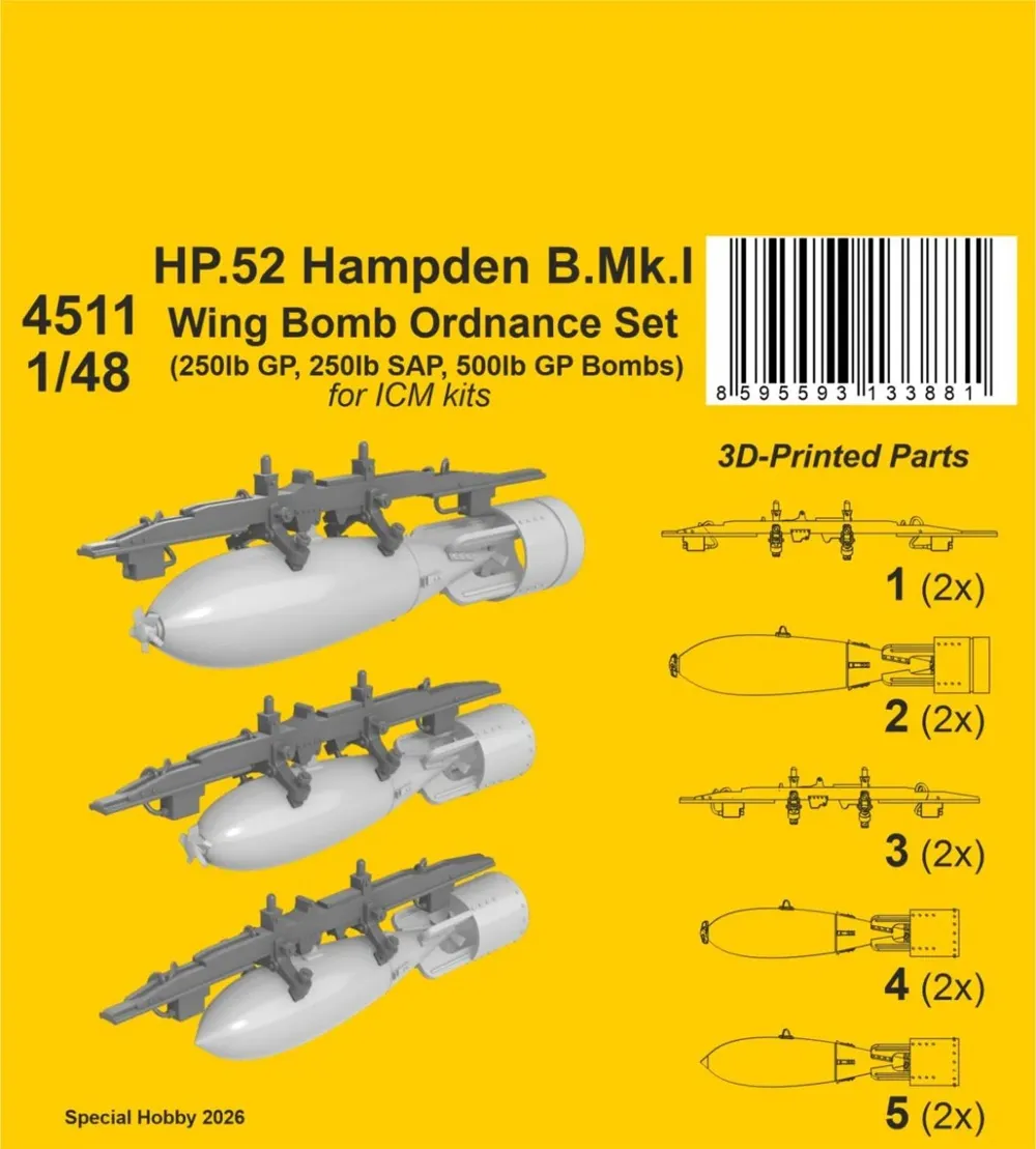 3D tištěný set CMK 4511 pumy a závěsníky pod křídlo pro Hampden B.Mk.I 1/48