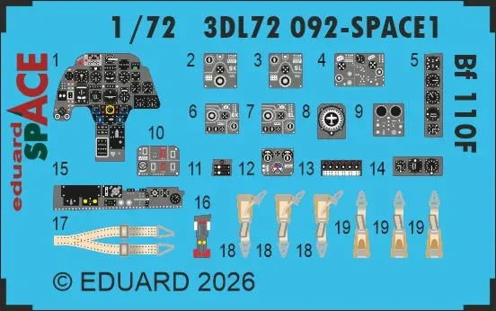 Eduard SPACE 3DL72092 Bf 110F 1/72 – archy 3D tištěných obtisků kokpitu v balení