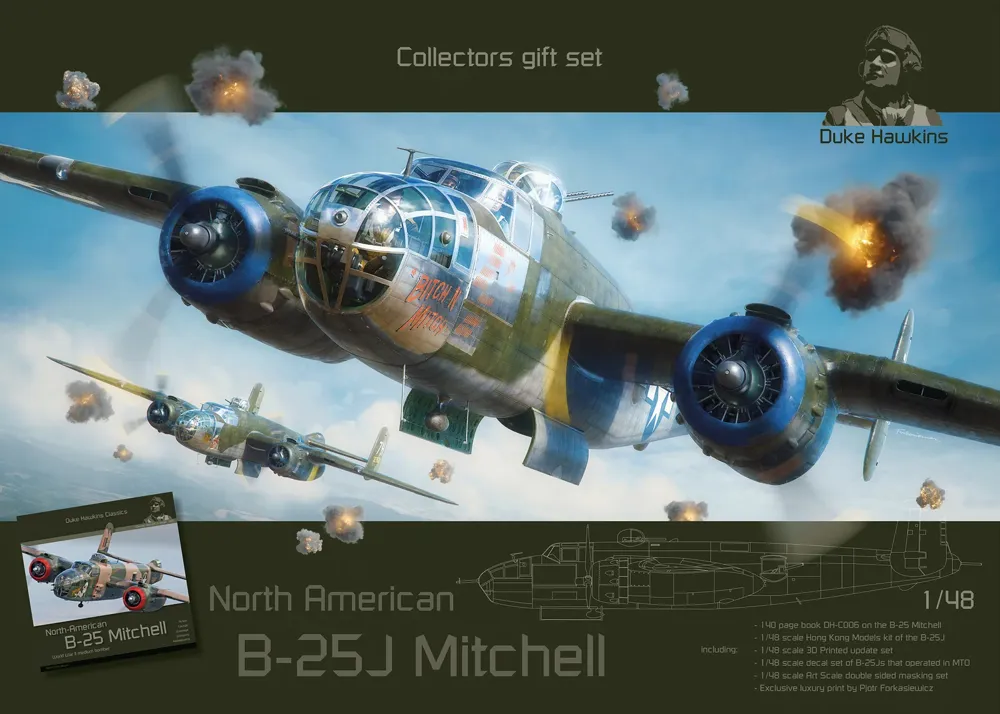 Sběratelská edice B-25J Mitchell 1/48 Duke Hawkins & ASK se stavebnicí, 3D díly, maskami a publikací