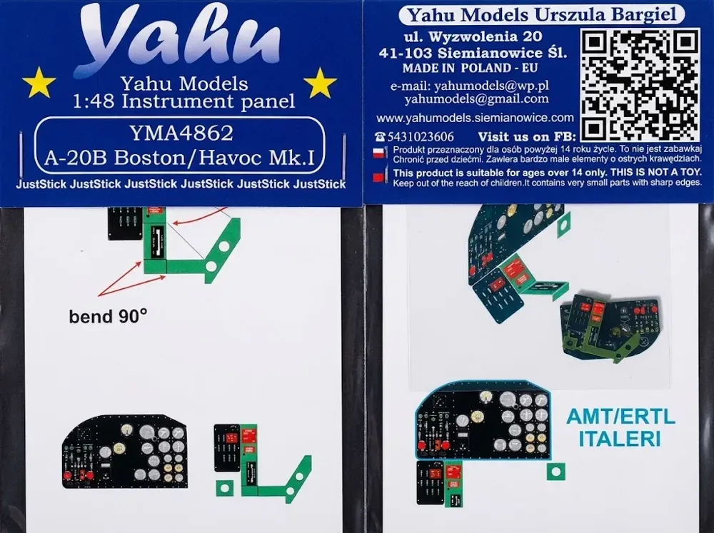 Barevně tištěná leptaná přístrojová deska Yahu Models YMA4862 A-20B Boston / Havoc I v měřítku 1/48