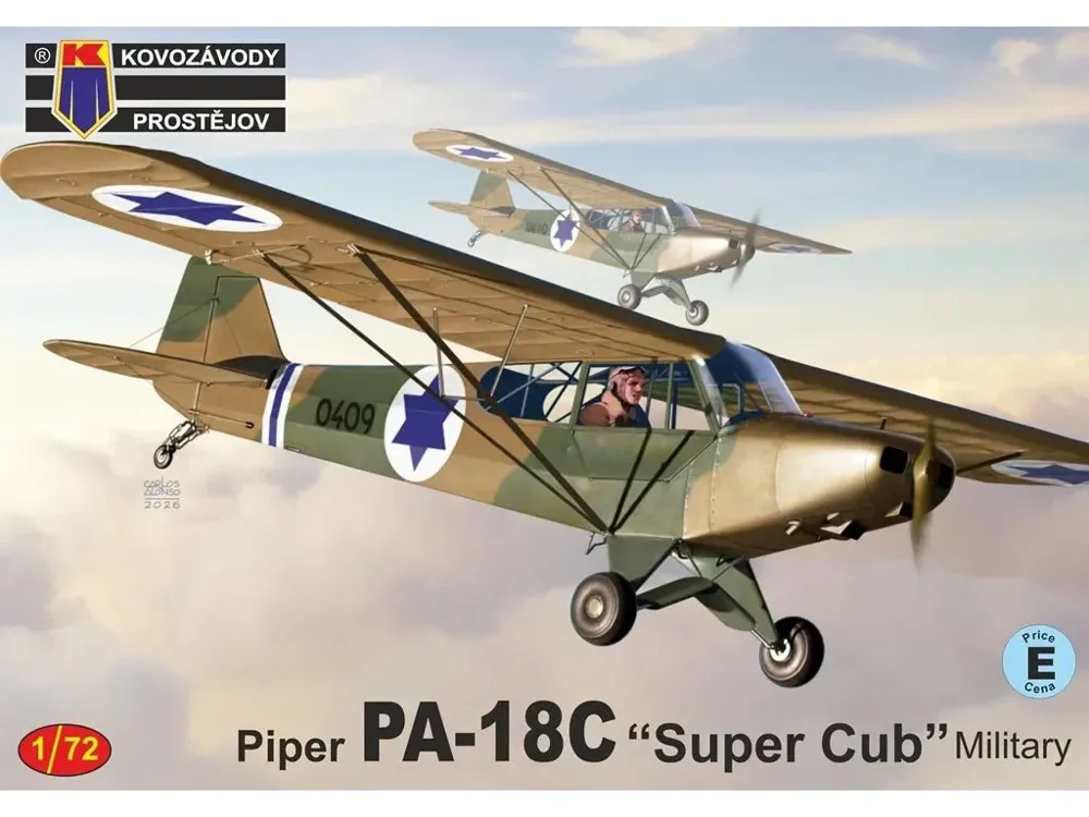 Krabice plastikové stavebnice Kovozávody Prostějov 1/72 Piper PA-18C Super Cub Military