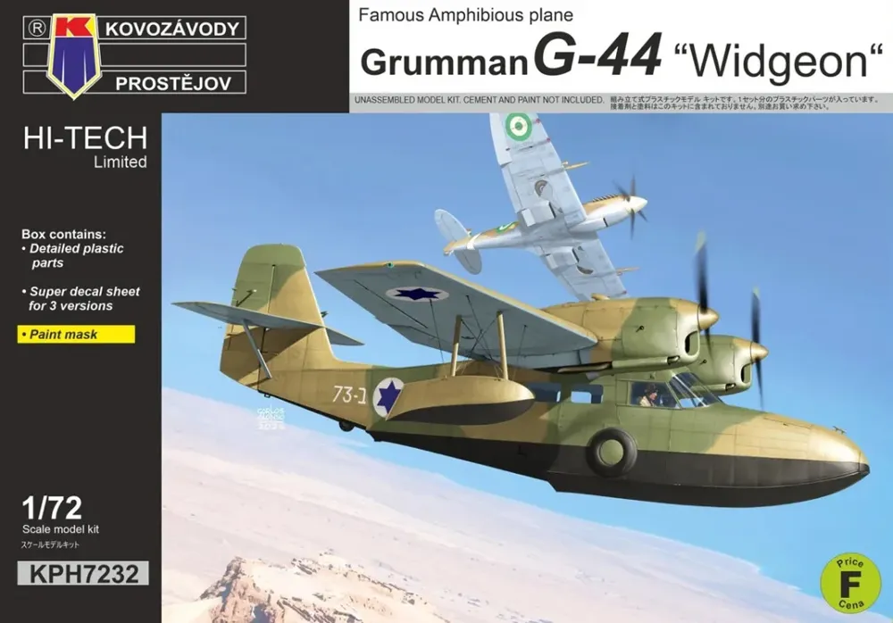 Krabice stavebnice Kovozávody Prostějov KPH7232 Grumman G-44 Widgeon Hi-Tech v měřítku 1/72
