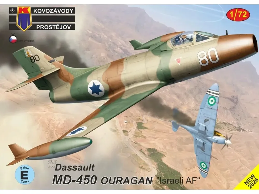 Krabice plastikové stavebnice Kovozávody Prostějov KPM0530 Dassault MD-450 Ouragan 1/72, izraelské letectvo
