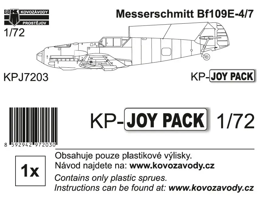 Krabice plastikové stavebnice Kovozávody Prostějov KPJ7203 Messerschmitt Bf 109E-4/7 Joypack v měřítku 1/72