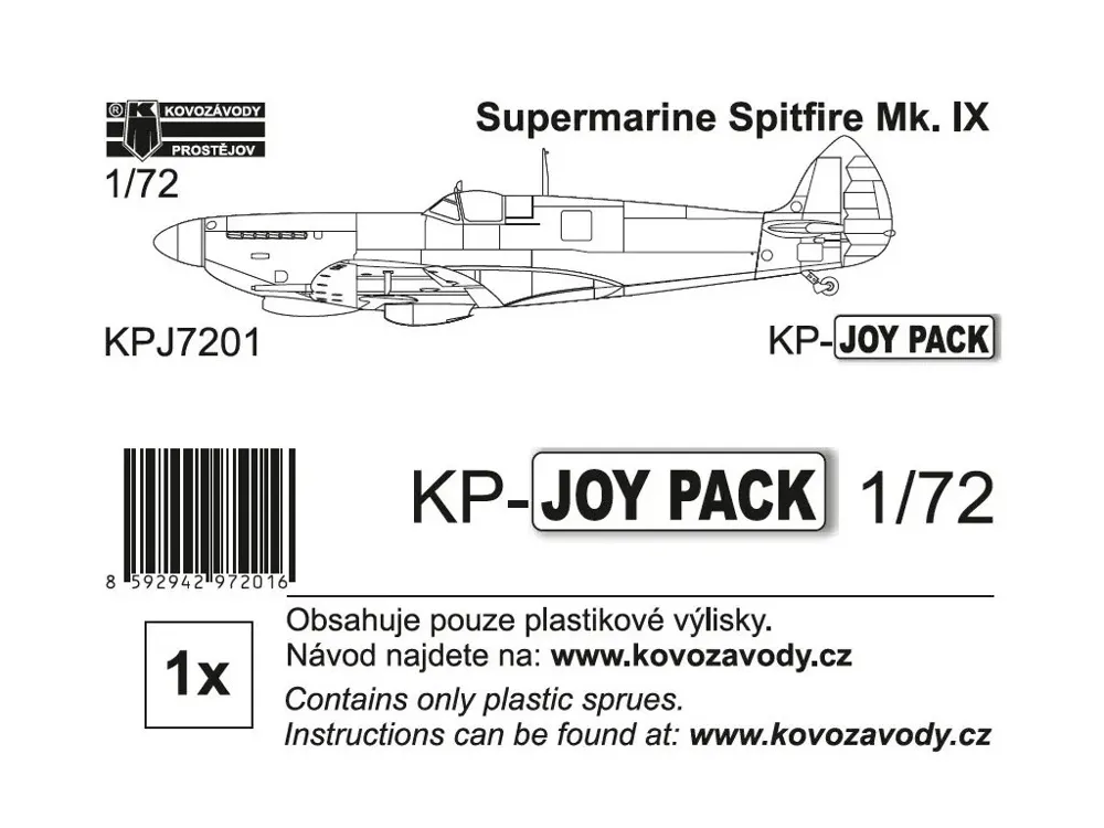 Krabice plastikové stavebnice Kovozávody Prostějov 1/72 Supermarine Spitfire Mk.IX Joypack