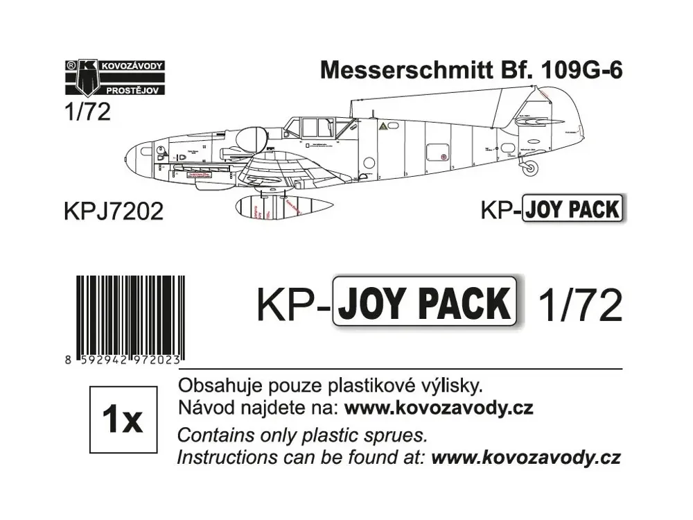 Krabice plastikové stavebnice Kovozávody Prostějov KPJ7202 Messerschmitt Bf 109G-6 JOYPACK 1/72