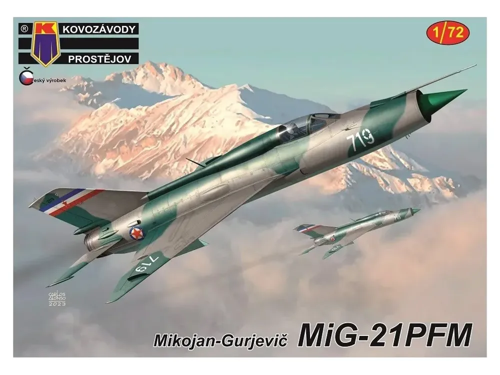 Krabice plastikové stavebnice Kovozávody Prostějov KPM0410 MiG-21PFM v měřítku 1/72