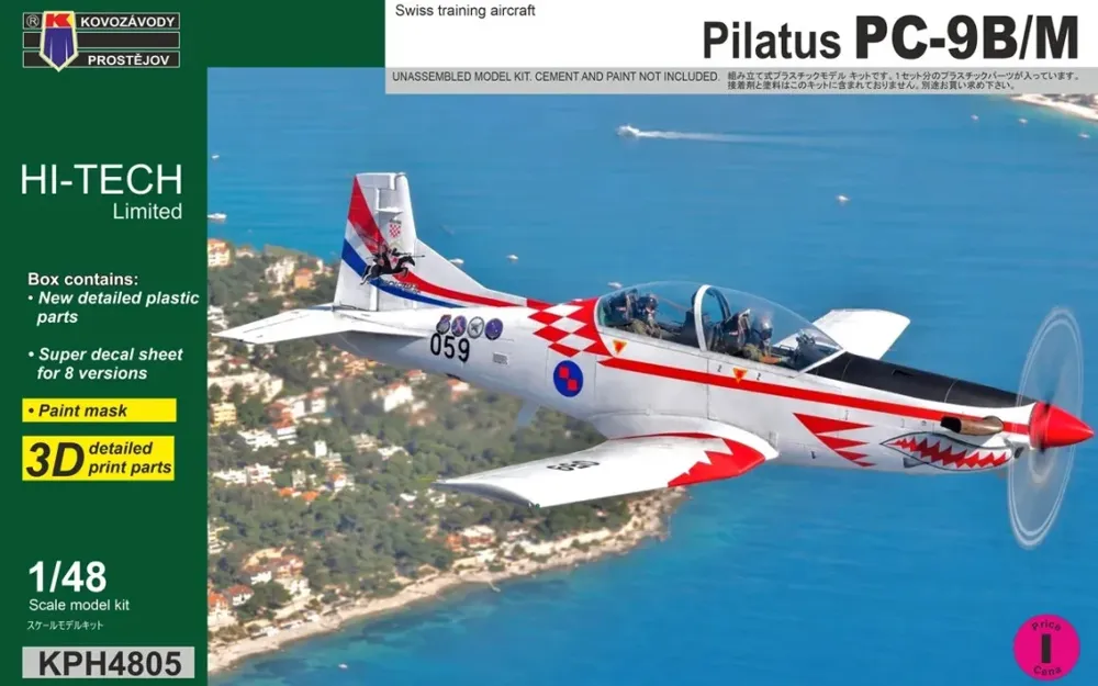 Krabice stavebnice Kovozávody Prostějov 1/48 Pilatus PC-9B/M Hi-Tech, cvičný turbovrtulový letoun