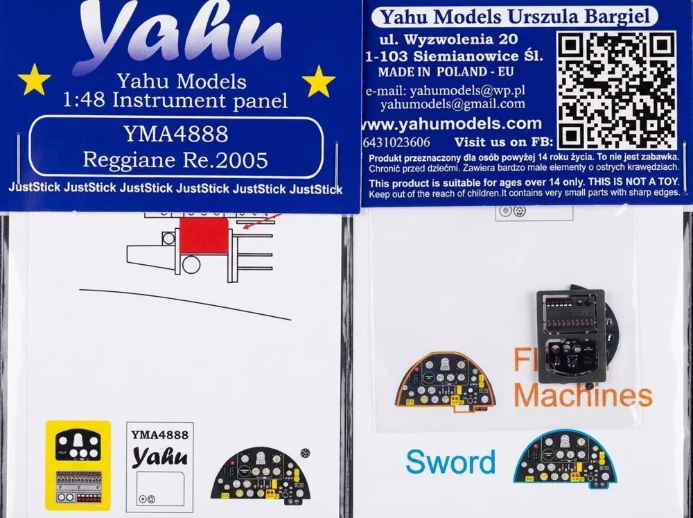 Předbarvená fotoleptová přístrojová deska Yahu Models YMA4888 pro Reggiane Re 2005 v měřítku 1/48