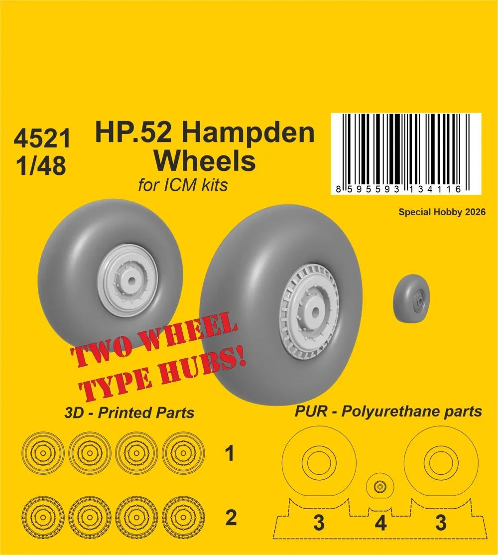Resinová kola CMK 4521 pro HP.52 Hampden 1/48 – hlavní podvozková kola a ocasní kolečko