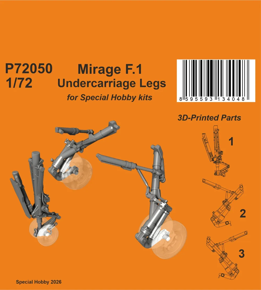 Sada CMK P72050 Mirage F.1 podvozkové nohy 1/72 z ABS pryskyřice, 3D tištěné nohy a kola