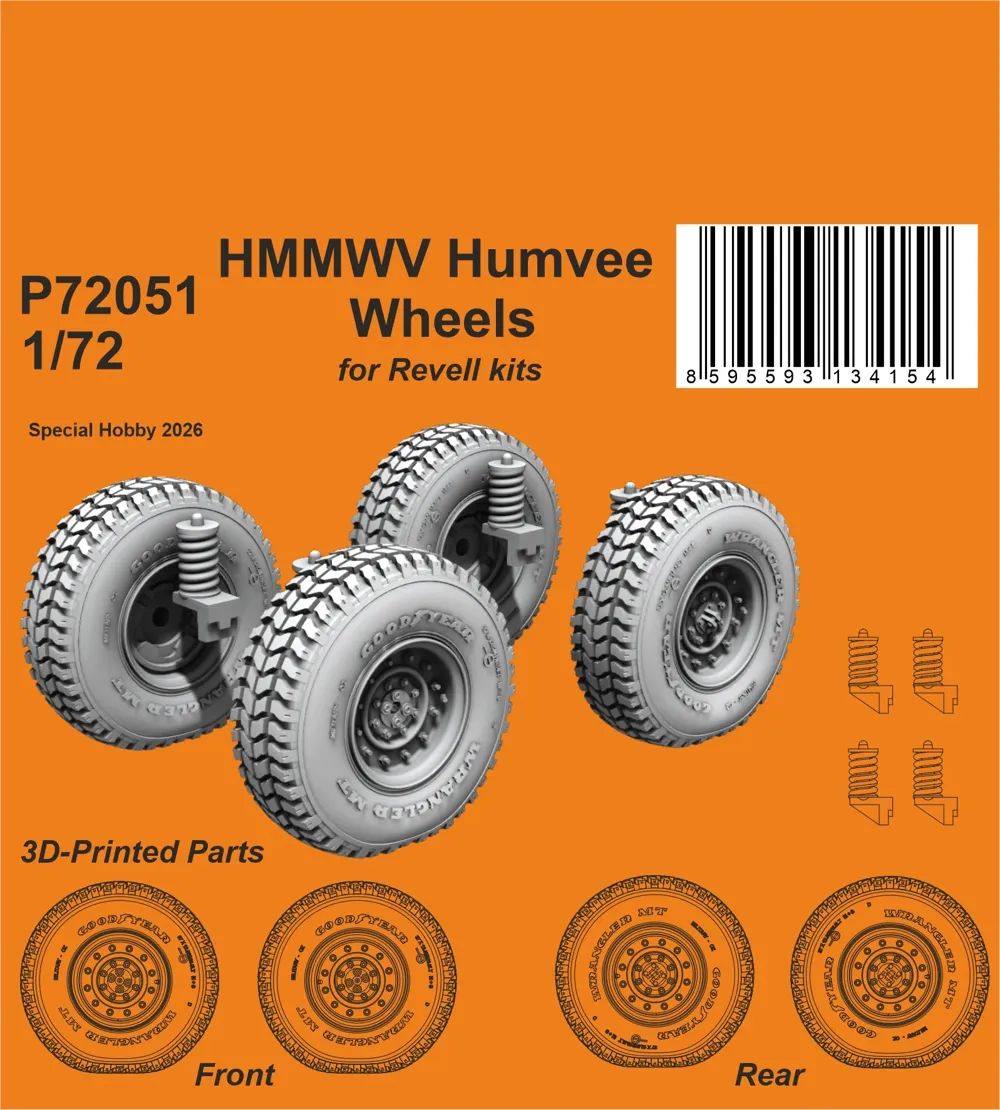Sada 3D tištěných kol CMK P72051 pro HMMWV Humvee v měřítku 1/72 pro stavebnice Revell