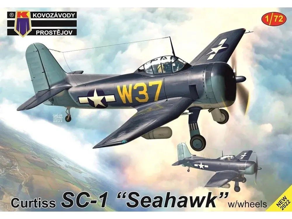 Krabice stavebnice Kovozávody Prostějov KPM0376 Curtiss SC-1 Seahawk v měřítku 1/72 se sadou kol