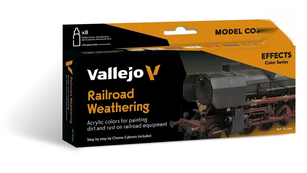 Sada osmi akrylových barev Vallejo Model Color 70264 Railroad Weathering by Chema Cabrero