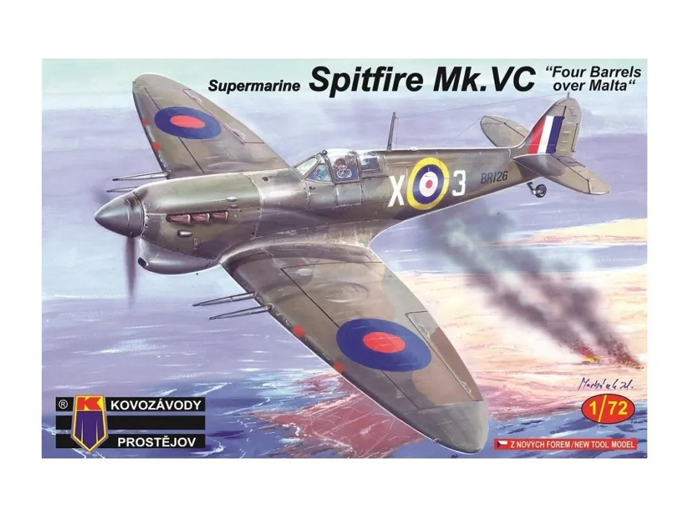 Krabice stavebnice Kovozávody Prostějov KPM0121 Supermarine Spitfire Mk.VC v měřítku 1/72