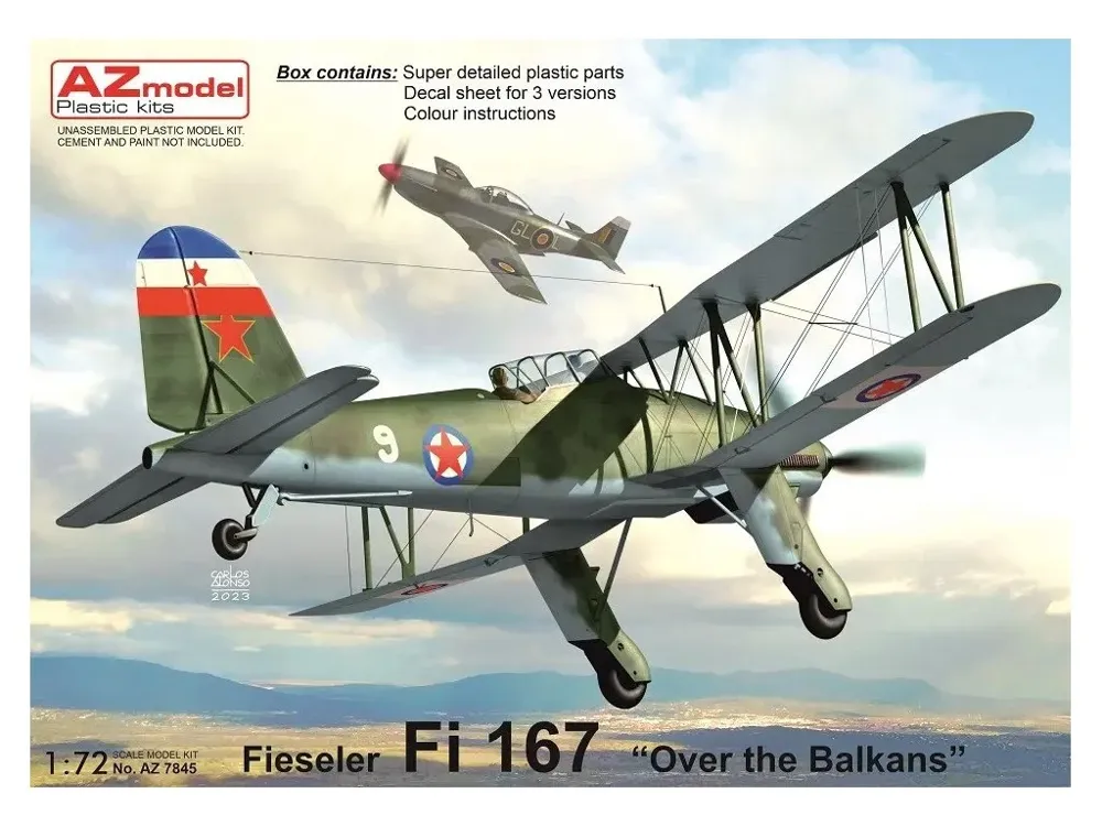 Krabice stavebnice AZ Model 1/72 Fieseler Fi 167 Over Balkans, německý palubní dvouplošník