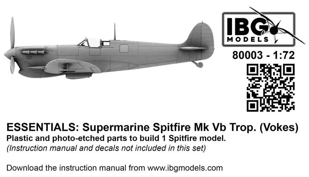 Stavebnice IBG Models 1/72 Spitfire Mk Vb Trop. (Vokes) z edice Essentials, krabice s díly