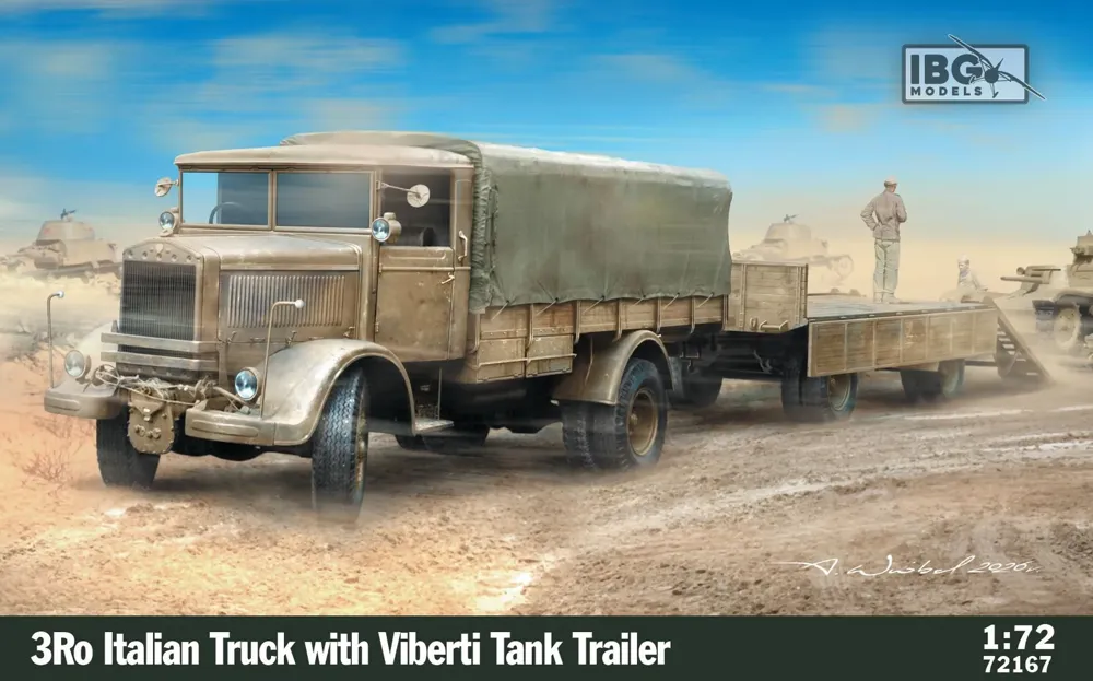 Krabice stavebnice IBG Models 72167 3Ro italský nákladní automobil s cisternovým přívěsem Viberti 1/72