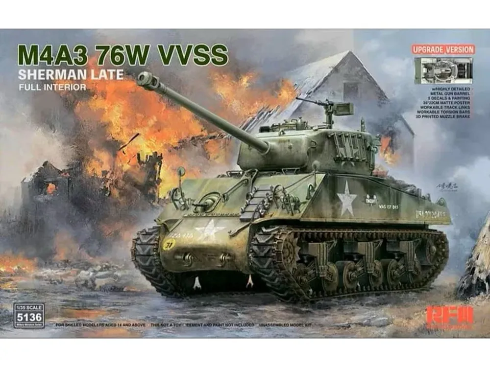 Krabice stavebnice Rye Field Model RFM-5136 M4A3 Sherman 76W VVSS Late 1/35 s plným interiérem