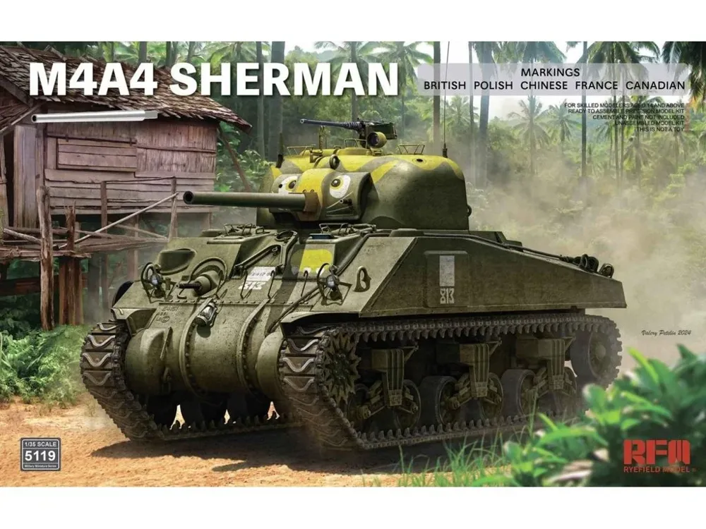 Krabice plastikové stavebnice Rye Field Model RFM-5119 M4A4 Sherman v měřítku 1/35 s kovovou hlavní
