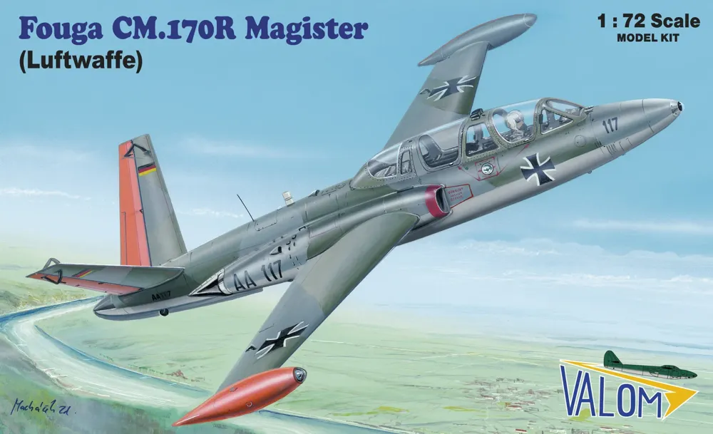 Krabice stavebnice Valom 1/72 Fouga CM.170R Magister Luftwaffe s vyobrazením cvičného letounu