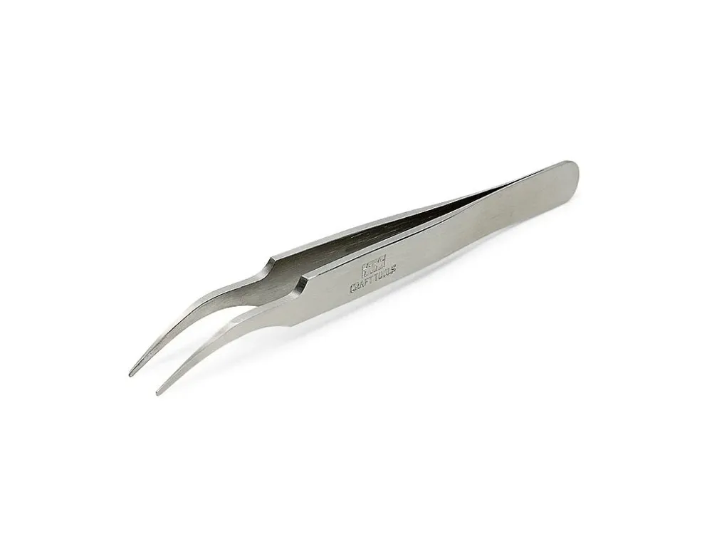Zahnutá modelářská pinzeta Tamiya 74108 HG Angled Tweezers Round Tip z nerezové oceli, 120 mm