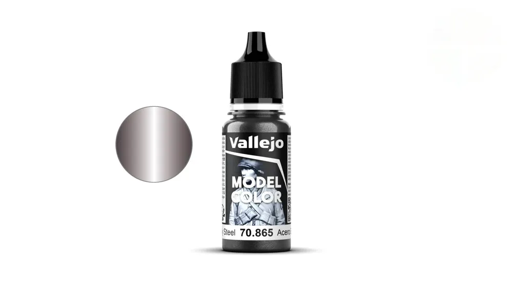 Lahvička akrylové barvy Vallejo Model Color 70865 mastná ocel metalická 18 ml