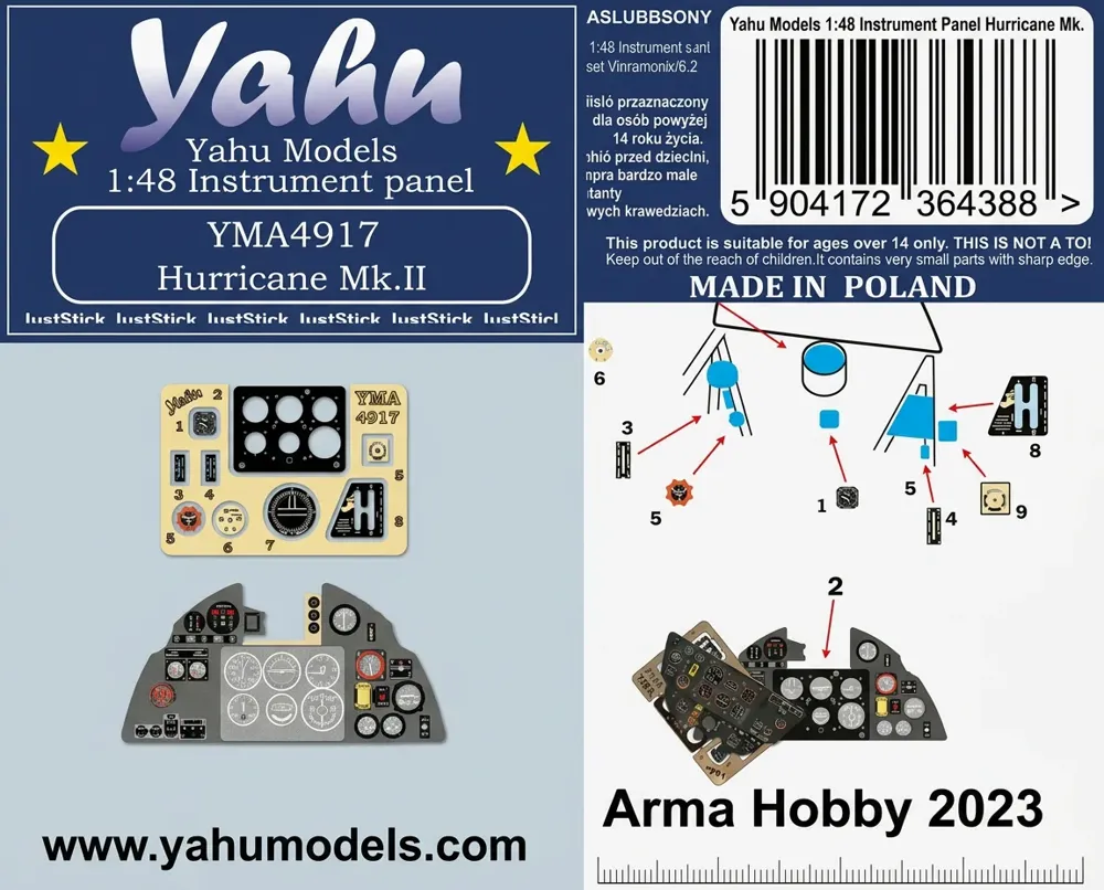 Barevná fotoleptaná přístrojová deska Yahu Models YMA4917 pro Hurricane Mk.II v měřítku 1/48