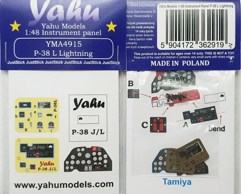 Barevná fotoleptaná přístrojová deska Yahu Models YMA4915 pro P-38 L Lightning v měřítku 1/48