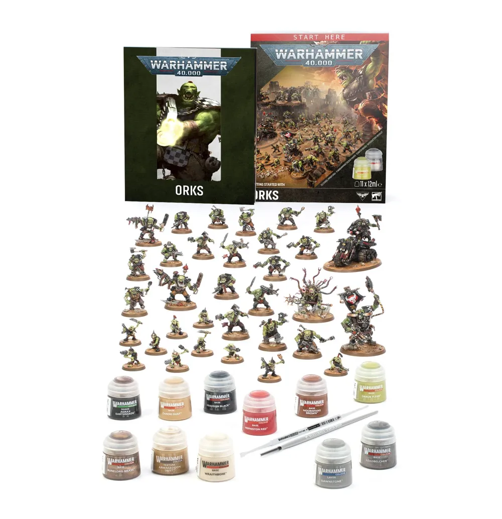 Startovací sada Warhammer 40,000 Getting Started with Orks – miniatury orků, barvy Citadel a štětec