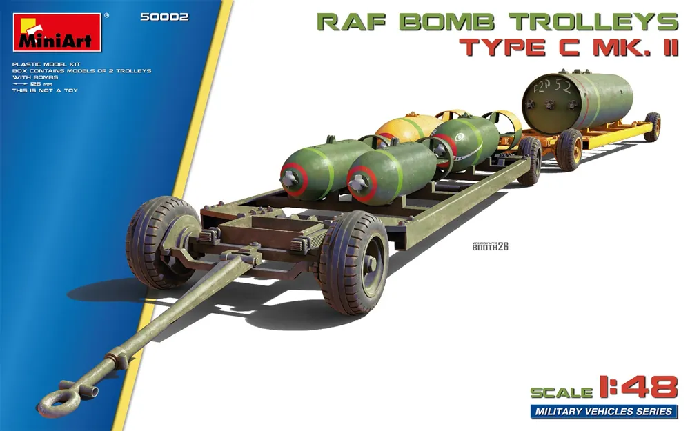 Krabice stavebnice MiniArt 50002 RAF Bomb Trolleys type C Mk. II v měřítku 1/48