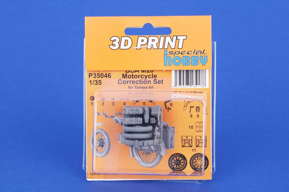 Korekční set CMK P35046 pro motocykl BSA M20 v měřítku 1/35 — 3D tištěné kola, brašny a detailní díly